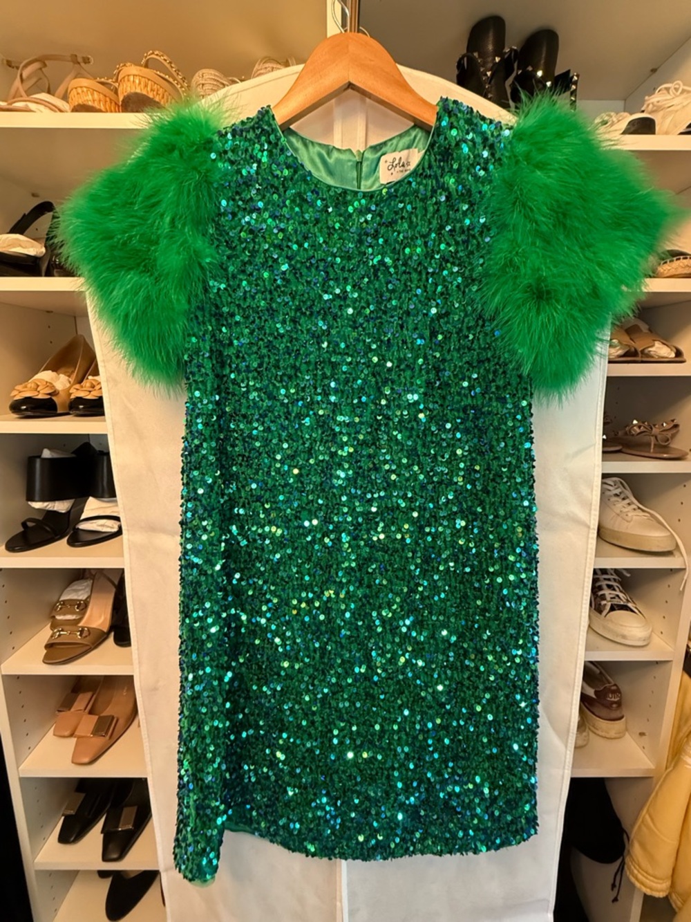 Lola + The Boys Emerald Green Sequin Dress with Feather Sleeves- size 14 girls